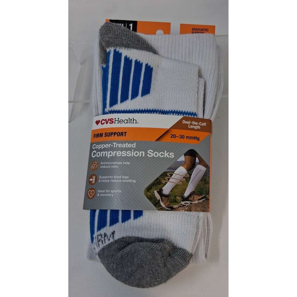 CVS Health Copper Compression Sock Firm 20-30 mmHg Unisex L/XL White Blue 1 Pair